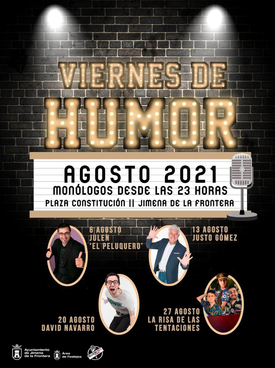 canijodecadiz's tweet photo. 🎙️CICLO DE COMEDIA PROGRAM.ARTW EN JIMENA DE LA FRONTERA (Cádiz) 
Todos los viernes de agosto el mejor humor en Jimena.
Con entrada gratuita !!! 
La mejor comedia siempre de la mano de #programarte .

#humor #comedia #monologos #nochederisas 
https://t.co/WJzp7MiDc1 https://t.co/hM31knKoFr