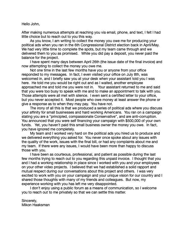 mikonh's tweet photo. Attached a letter to @realJohnACastro.  He hired my company to produce a series of political ads but has not paid the final balance.  For the last several months, he has ignored all of my attempts to contact him. https://t.co/U3FZlNALy2