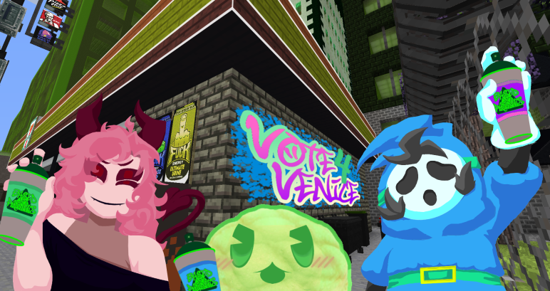 PCPMinecraft's tweet photo. @ENDLESSWARrfck is holding elections for Rowdy Ringleader. Have some propaganda #votevenice! Featured here are Projekt Infernal, Meronpan, And Venice !spraying up the 711. More propaganda to come featuring more #rfck players! https://t.co/7maCZIA5Aa