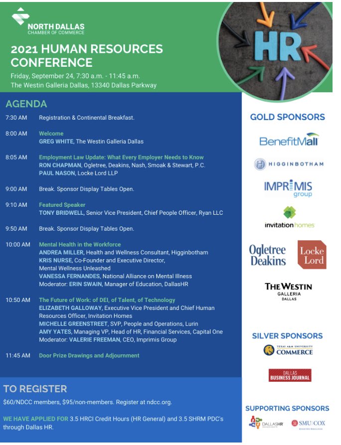 North Dallas Chamber (@ndcc) on Twitter photo Registration is open for the annual Human Resources Conference on Friday, September 24. Gold sponsors: @BenefitMall <a href="/HigginbothamIns/">Higginbotham</a> <a href="/ImprimisGroup/">Imprimis Group</a> <a href="/InvitationHomes/">Invitation Homes</a> <a href="/OgletreeDeakins/">Ogletree Deakins</a> <a href="/LockeLord/">Locke Lord</a> <a href="/WestinGalleria/">Westin Galleria Dall</a>. Register here: northdallastxcoc.weblinkconnect.com/events/2021Ann… Registration is open for the annual Human Resources Conference on Friday, September 24. Gold sponsors: @BenefitMall <a href="/HigginbothamIns/">Higginbotham</a> <a href="/ImprimisGroup/">Imprimis Group</a> <a href="/InvitationHomes/">Invitation Homes</a> <a href="/OgletreeDeakins/">Ogletree Deakins</a> <a href="/LockeLord/">Locke Lord</a> <a href="/WestinGalleria/">Westin Galleria Dall</a>. Register here: northdallastxcoc.weblinkconnect.com/events/2021Ann…