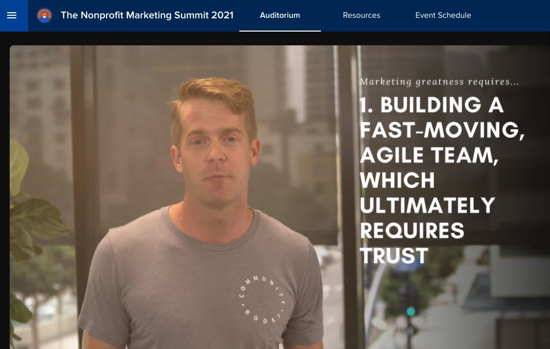 In the first session of the day at #NPS2021. "Noone remembers what you posted yesterday" great #nonprofit marketing requires building a fast-moving, agile team based on trust says <a href="/CameronRipley/">Cameron Ripley</a> of <a href="/CommunityBoost/">Community Boost</a>. So True!