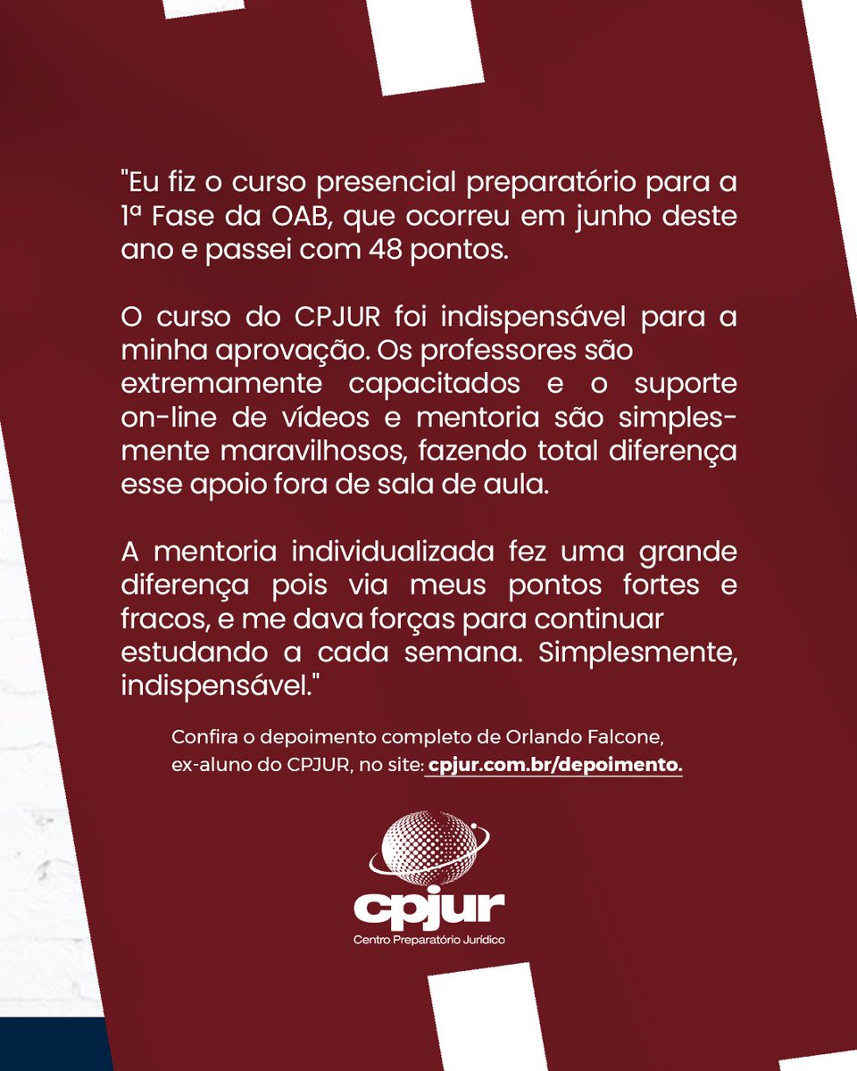 Temos aprovados na OAB! 😎👌⠀
⠀
Reunimos alguns depoimentos dos nosso alunos que foram aprovados na 1ª fase do Exame de Ordem. O primeiro é de Orlando Falcone, ex-aluno do CPJUR.⠀
Depoimento completo em nosso site cpjur.com.br/depoimento⠀
