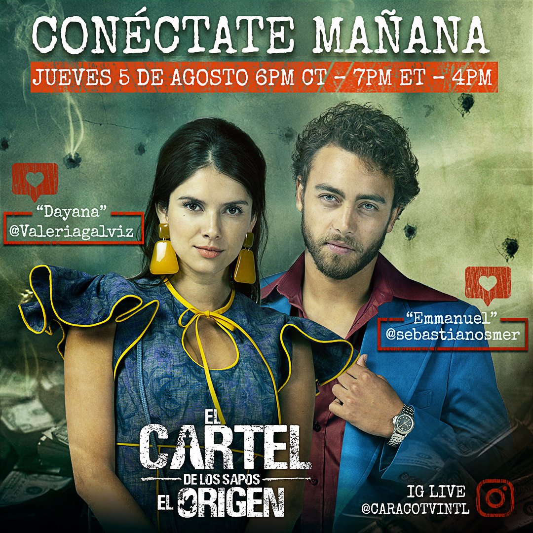 Conéctate con CaracolTV y No te pierdas el Instagram LIVE de EL CARTEL DE LOS SAPOS EL ORIGEN , la super serie que es tendencia en Netflix, con <a href="/valeriagalviz/">Valeria Galviz</a> <a href="/sebastianosmer/">Sebastián Osorio</a> . La cita es mañana, 5 de agosto 7PM (ET) / 4PM (PT) / 6PM (CT) !