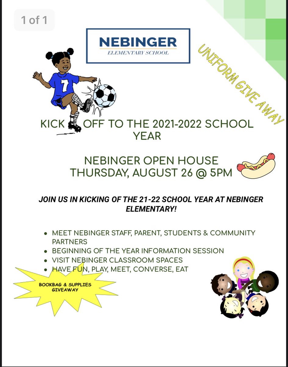 NebingerPTA's tweet photo. Attention #Nebinger families: Kick off the 2021-22 school year at an Open House on Thursday, August 26th at 5pm! Meet teachers and staff, get information for the upcoming school year, grab uniforms and supplies (while supplies last), and meet other families! Don’t miss it! https://t.co/RP7V9KguBR