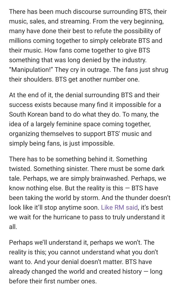 BTSPressData's tweet photo. “The denial surrounding BTS’ success exists because many find it impossible for a S.K. band to do what they do. The reality is; you can't understand what you don’t want to &amp; your denial doesn’t matter. BTS already changed the world &amp; created history — long before their 1st #1’s.” https://t.co/B8seienwe4