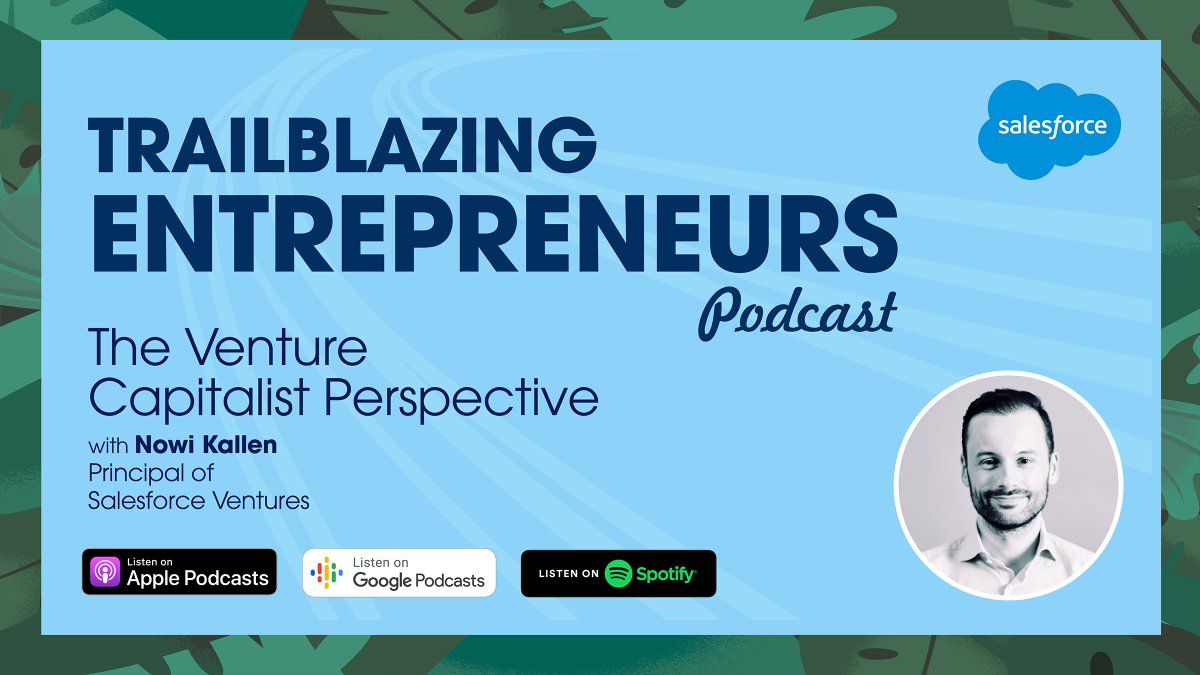 SalesforceVC's tweet photo. In the new Trailblazing Entrepreneurs podcast episode, @nkkall, Principal of @SalesforceVC, shares how founders can:

🎯 Nail the perfect pitch
🏆 Turn a bold idea into a great company 
🚀 Persevere to keep driving success

Listen to the full conversation: https://t.co/tQ5uLqc8xR https://t.co/8iPfawMBew
