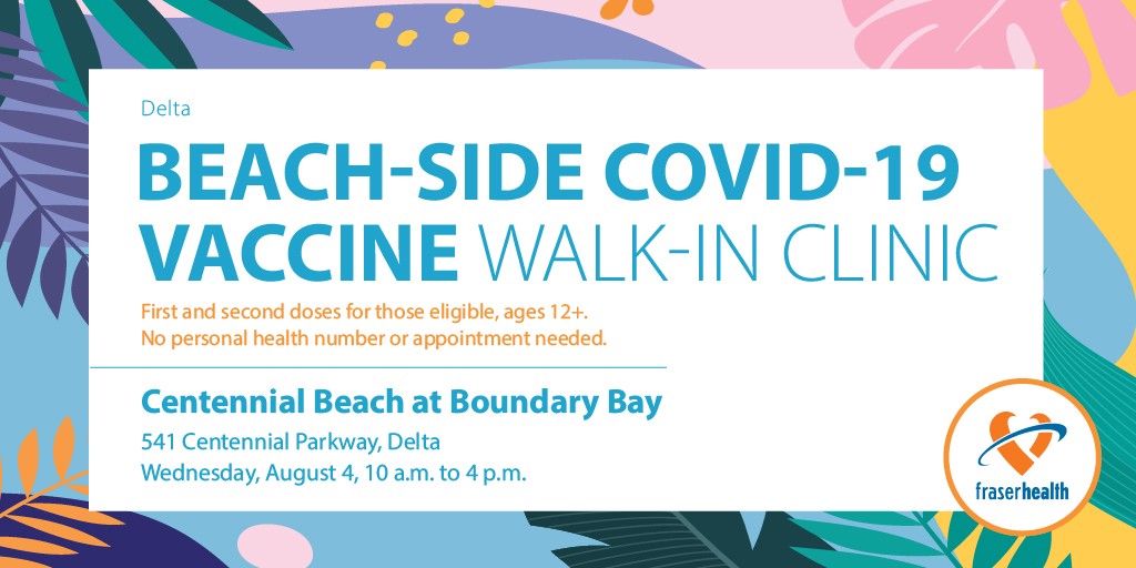 Let’s go to the beach-each; let’s go get a vaccine. First and second dose COVID-19 vaccines are available TODAY at #CentennialBeach <a href="/CityofDeltaBC/">City of Delta</a>, 10 a.m. to 4 p.m. Everyone eligible for first or second doses is welcome. 

Ages 12+. No PHN or appointment needed. #VaxForBC
