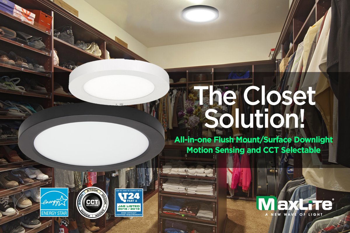 MaxLite has your closet solution with its All-in-one Flush Mount/Surface Downlight. Having both a bi-level motion sensor and CCT select-ability this is your choice for both residential and multi-residential closet solutions. #closetsolution #closetlight maxlite.com/products/flemi…