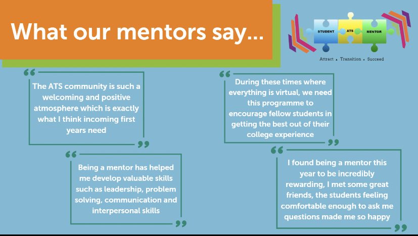 NuigATS's tweet photo. Thinking about becoming a mentor? Have a look at what our 20/21 mentors &amp; mentees have to say! https://t.co/2vbDx20y6p https://t.co/SgSb547w8k