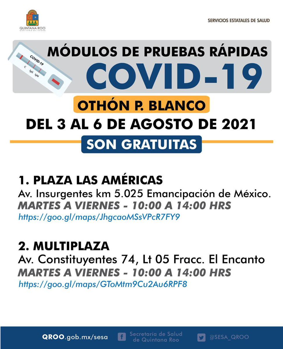 Atención padres de familia: si sus hijos presentan síntomas de #COVID19, pueden llevarlos a hacerse una prueba rápida de antígeno o PCR. Les recuerdo los módulos de pruebas gratuitas de antígeno que tenemos activos en #Cancún y #Chetumal. <a href="/SESA_QROO/">SESA Quintana Roo</a>