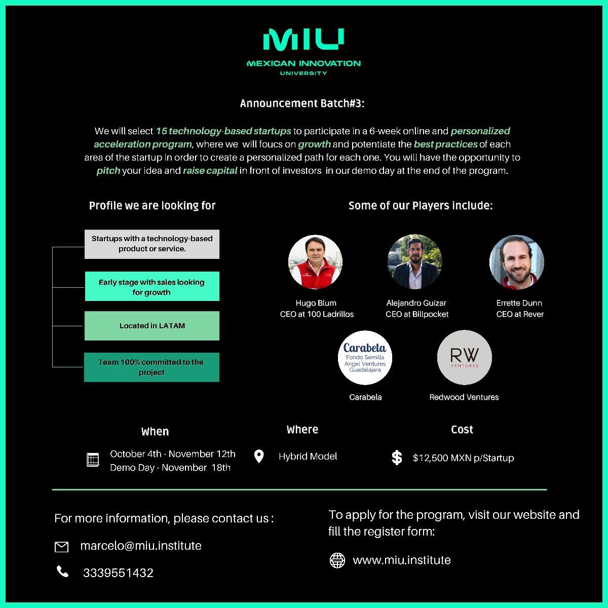 Hey community!

For all those LATAM startups we are pleased to announce the launch for the call of our acceleration program batch#3. 

There’s no better time to start and accelerate your startup than now, don´t miss this big opportunity!

Apply here: lnkd.in/eCAhdSH