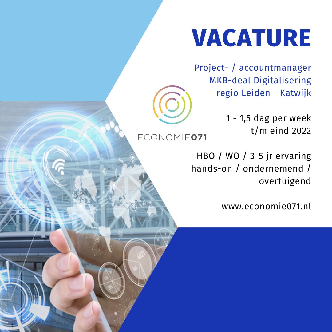 Spreekt #digitalisering in het MKB je aan, kun je goed organiseren, ben je hands-on en kun je mensen enthousiasmeren en meenemen in een verhaal? Reageer dan uiterlijk 29 aug. op deze leuke #vacature.

#Leiden #Leiderdorp #Katwijk #Oegstgeest #Voorschoten #Zoeterwoude