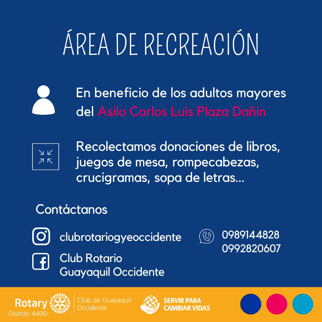 RCGyeOccidente's tweet photo. ✨Campaña de ayuda a adultos mayores✨
Recolección de libros y juegos de mesa para recreación de residentes del Asilo Carlos Luis Plaza Dañin
Trabajaremos para devolverles la alegría y llevarles compañía 
Ayúdanos a #Servirparacambiarvidas 💫
Contáctanos
#Distrito4400 
#Rotary https://t.co/L1G7rfhZpK