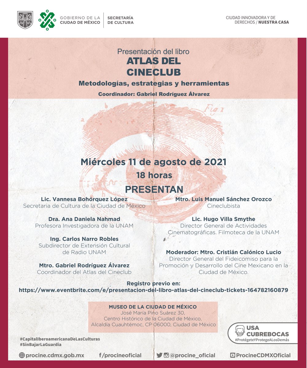 #AVISO 
Informamos la nueva fecha de la presentación del libro: "Atlas del Cineclub. Metodologías, estrategias y herramientas".📙 

🗓 Miércoles, 11 de agosto
⏰ 18 horas
📍<a href="/MuseoCiudadMX/">Museo de la Ciudad de México</a>

Transmisión #EnVivo vía #Facebook <a href="/CulturaCiudadMx/">Secretaría de Cultura de la Ciudad de México</a> y <a href="/procine_oficial/">PROCINECDMX 🎥</a>  
➤ /bit.ly/3ygqtOL