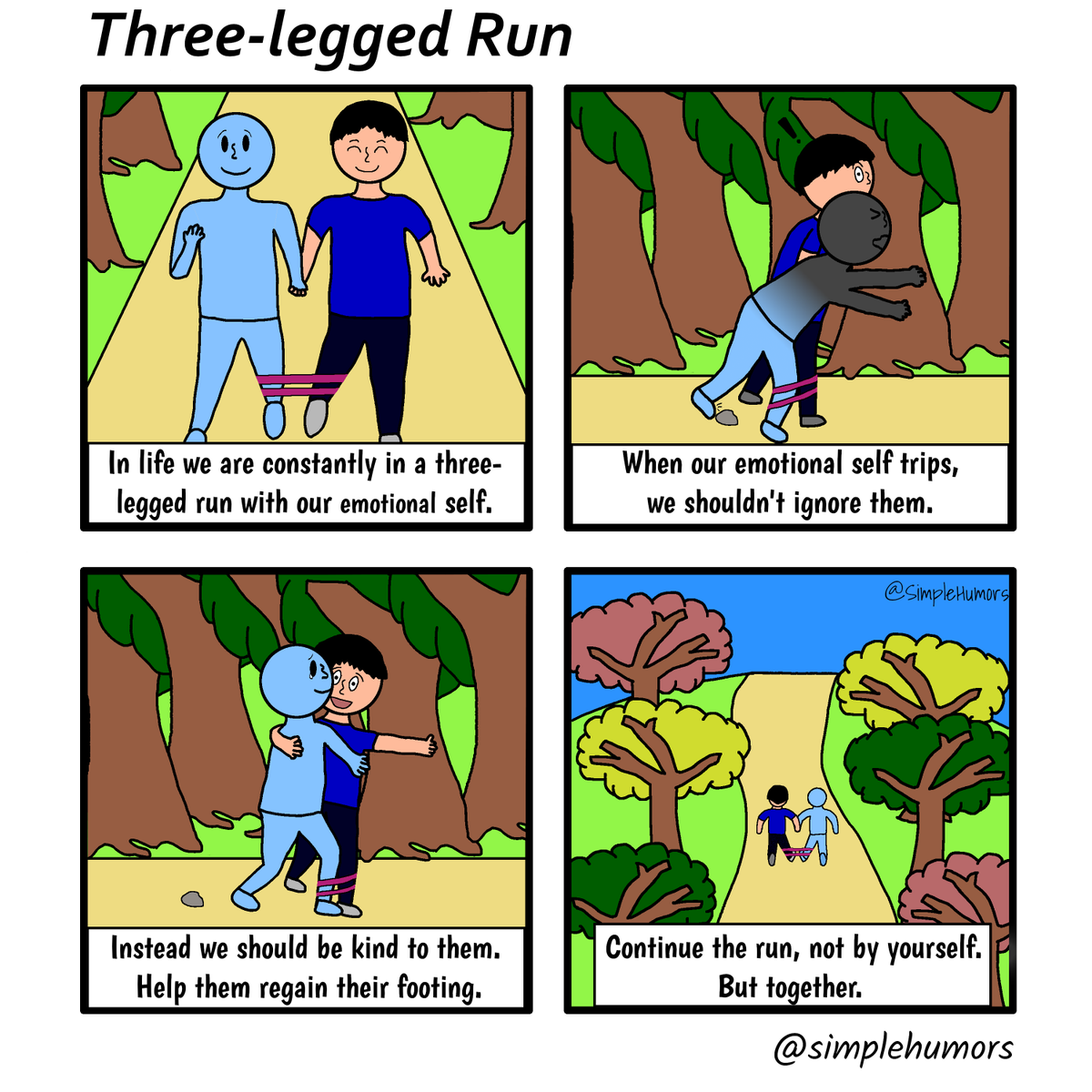 SimpleHumors's tweet photo. For most of the past week I was very burned out and feeling numb, but I'm thankful for the support of my friends during that time. 

#SimpleHumors #webcomic #webcomics #wholesome #wholesomememes #motivationalcomic #emotionalwellbeing #mentalhealth #threeleggedrace #helpyourself https://t.co/3dOdsGiHow