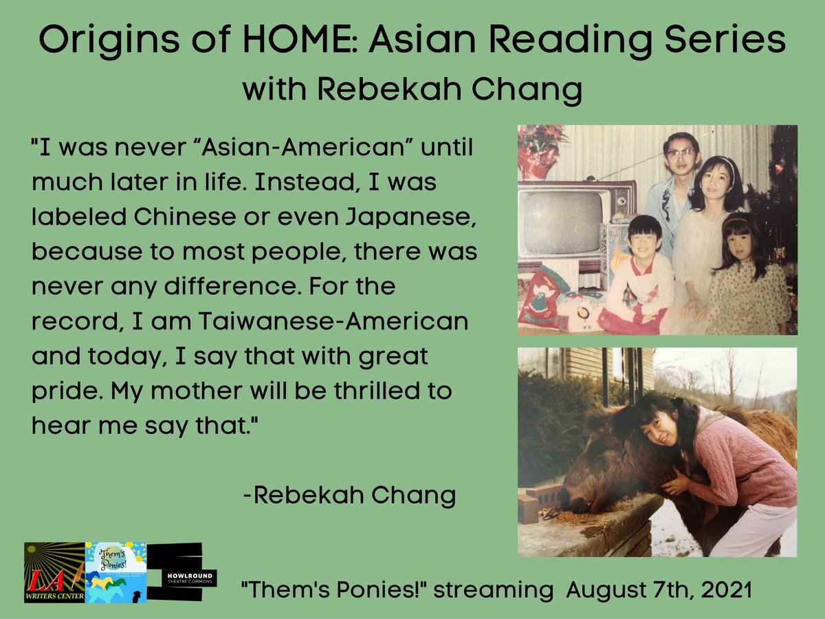 LAWritersCenter's tweet photo. Rebekah Chang's "Them's Ponies!" streams this upcoming Saturday! 

It is the last  live reading in our Home: Asian Voices Reading Series so come by if you can! https://t.co/LZFaI34riH