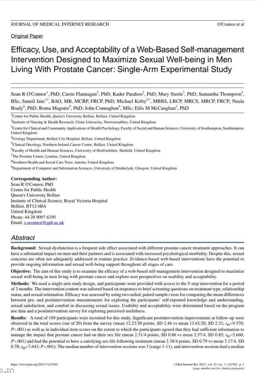 🆕 Delighted to share the latest paper from our team: 'Efficacy, Use, and Acceptability of a Web-Based Self-management Intervention Designed to Maximize Sexual Well-being in Men Living With Prostate Cancer: Single-Arm Experimental Study' Read paper here⤵️ jmir.org/2021/7/e21502/