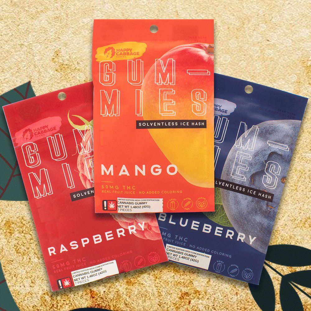 If you liked the sour solventless gummies from our friends @happycabbagefarms, you'll love their sweet counterparts! Available in delicious mango, blueberry, and raspberry flavors.⁣