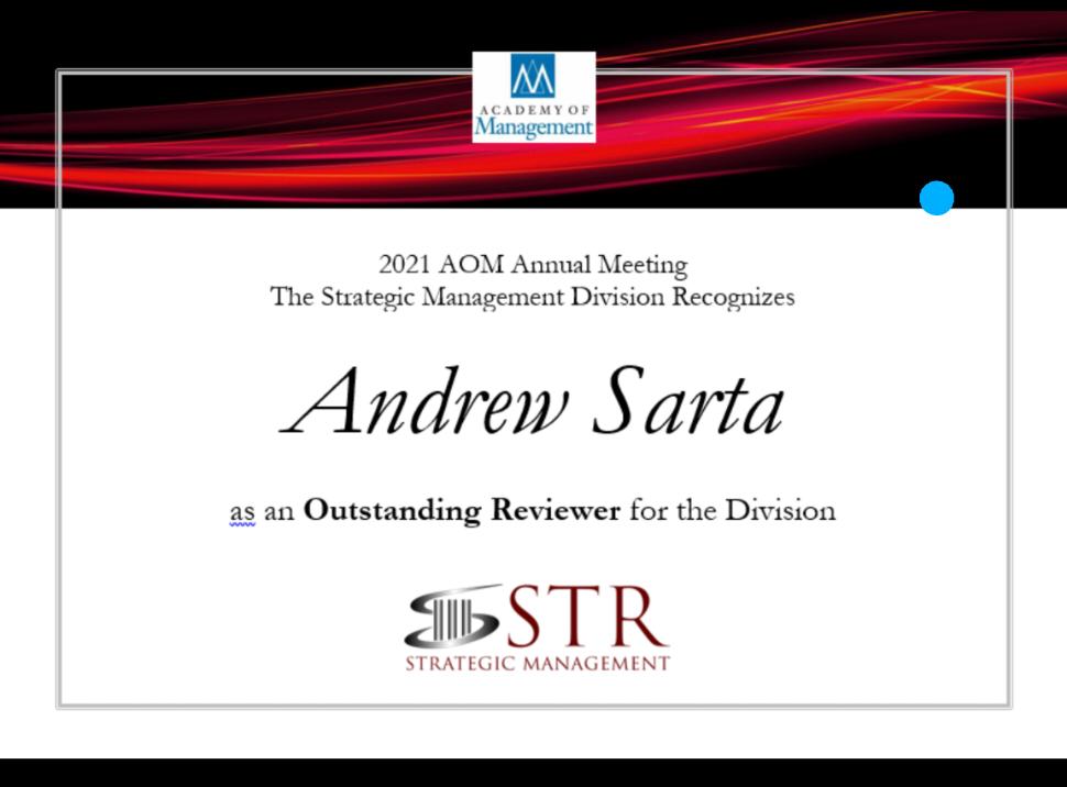 Andrew Sarta (@andrewsarta) on Twitter photo As the sun sets on #AOM2021, I'm very happy to join this list of contributors to the academy.
Thanks <a href="/AOM_STR/">STR - Strategic Management Division</a> for the recognition! And congrats to all of those who dedicated time to the review process. As the sun sets on #AOM2021, I'm very happy to join this list of contributors to the academy.
Thanks <a href="/AOM_STR/">STR - Strategic Management Division</a> for the recognition! And congrats to all of those who dedicated time to the review process.