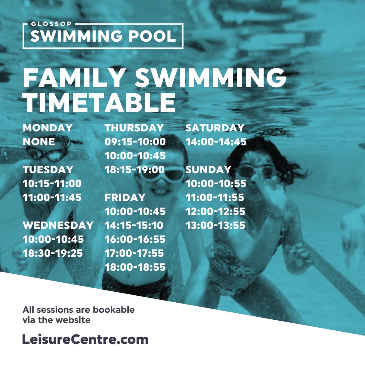 🏊 MORE DAYTIME FAMILY SWIMMING   🏊

We have added more family fun swimming sessions in at Glossop Swimming Pool during the day, To book, please register at leisurecentre.com/register and then book the Family Swims through this link -tinyurl.com/4hepcsyb