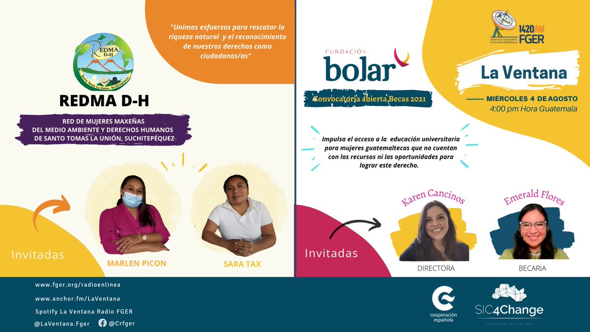 📌#Hoy en al fan page de📻 #Radio #LaVentanaFger y la #1420AM de <a href="/crfger/">Federación Guatemalteca de Escuelas Radiofónicas</a> , conversaremos con <a href="/FundacionBolar/">Fundación Bolar</a> sobre la #ConvocatoriaBolarBecas2021 👩🏻‍🎓👩🏽‍🎓. 
📣Además platicaremos con #RedmaDH  sobre las acciones realizadas para rescatar la riqueza natural 🌲y  los derechos humanos⚖️