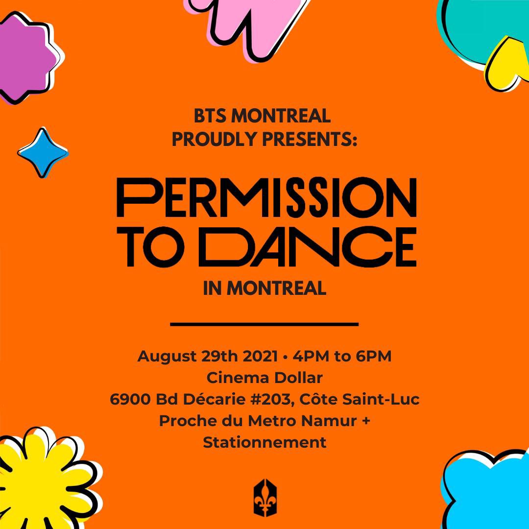 BTSMontreal's tweet photo. BTS Montreal proudly presents Permission to Dance in Montreal! An event to bring ARMYs together for a special end of summer event. You can enjoy a concert with local Montreal talent, buy hand made BTS themed merchandise and possibly win official BTS merchandise! 🤩 https://t.co/hXXXCEHP7V