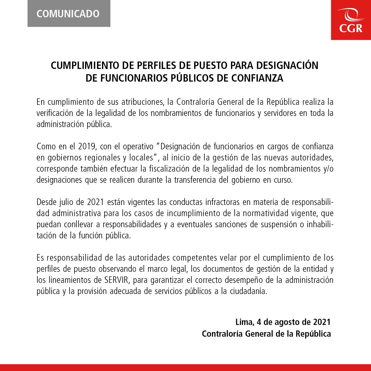 Politica_ECpe's tweet photo. #AHORA Contraloría emite comunicado, indicando que realiza la "verificación de la legalidad de los nombramientos" de funcionarios públicos y precisa que el incumplimiento de las normas pueden "conllevar a responsabilidades y eventuales sanciones de suspensión o inhabilitación" https://t.co/Z07PhbYh3U