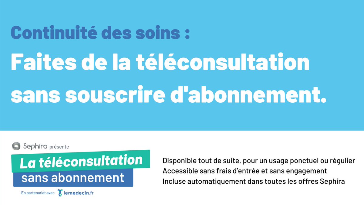 Beaucoup de #medecin veulent assurer la #continuitédessoins de leurs patients, même sur leur lieu de vacances. 
C'est pourquoi Sephira invente la TÉLÉCONSULTATION SANS ABONNEMENT pour ses 25000 clients praticiens de #santé #masante2022
Activer le service : swll.to/mEovz9