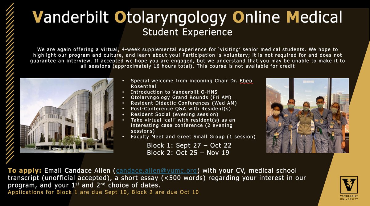 Back by popular demand! Excited to announce <a href="/VanderbiltENT/">VUMC Otolaryngology–Head and Neck Surgery</a> is offering a virtual medical student experience for the second year in a row. Details below to sign up! #medtwitter #otolaryngology #voomse
