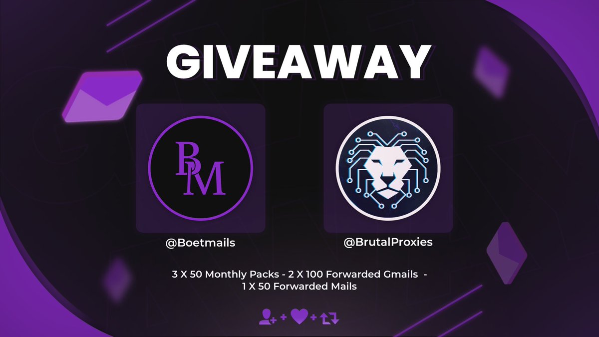 🎁GIVEAWAY!🎁

• 2 x 100 Forwarded Gmails 
• 1 x 50 Forwarded Gmails 
• 3 x 50 Monthly Packs

How to enter?🎟️
• Follow BOTH accounts ✅
@boetmails &amp; <a href="/BrutalProxies/">Brutal Proxies</a> 
• Retweet 🔁
• Tag 2 friends 👫

 Good luck, ends in 72 hours! ⏳