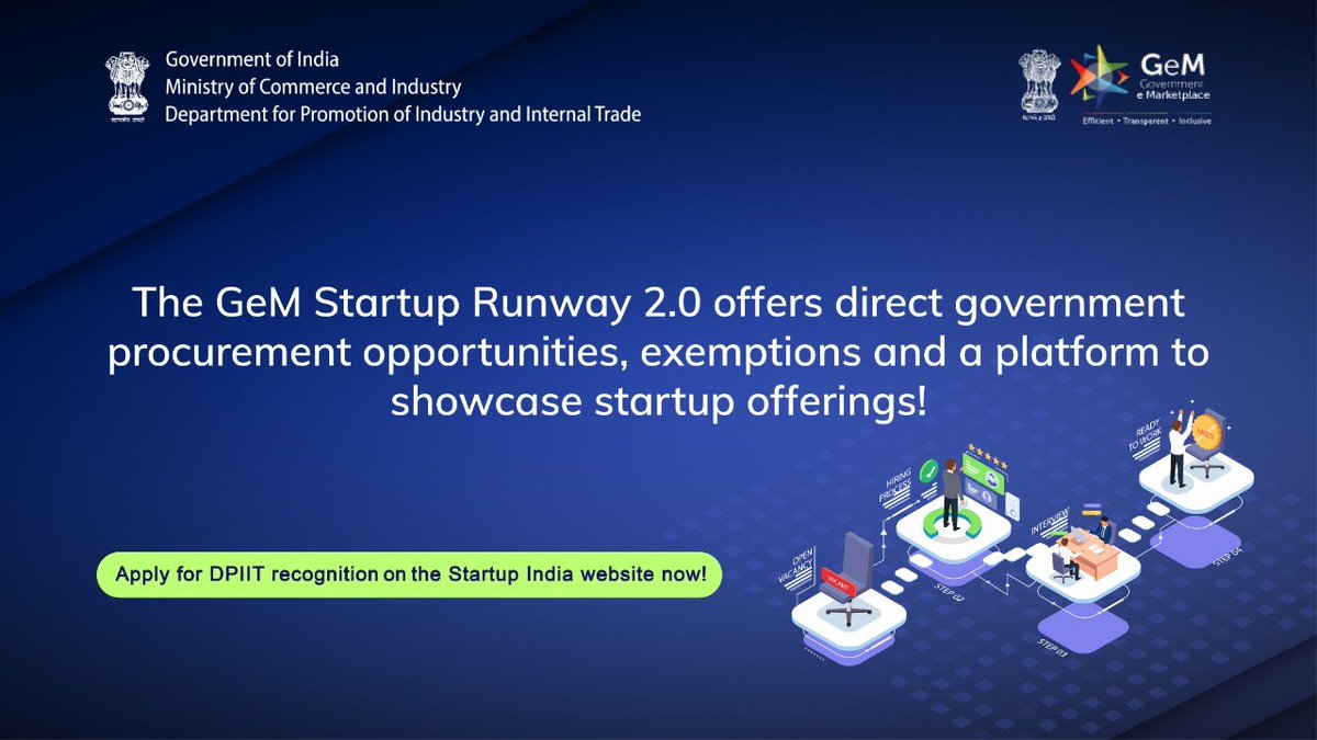 startupindia's tweet photo. The GeM - Startup India Runway is an opportunity for DPIIT registered startups to directly list themselves on the GeM portal for procurement by the government. Apply now at: https://t.co/PiC6Vo2cva https://t.co/wGPE3jZJyo