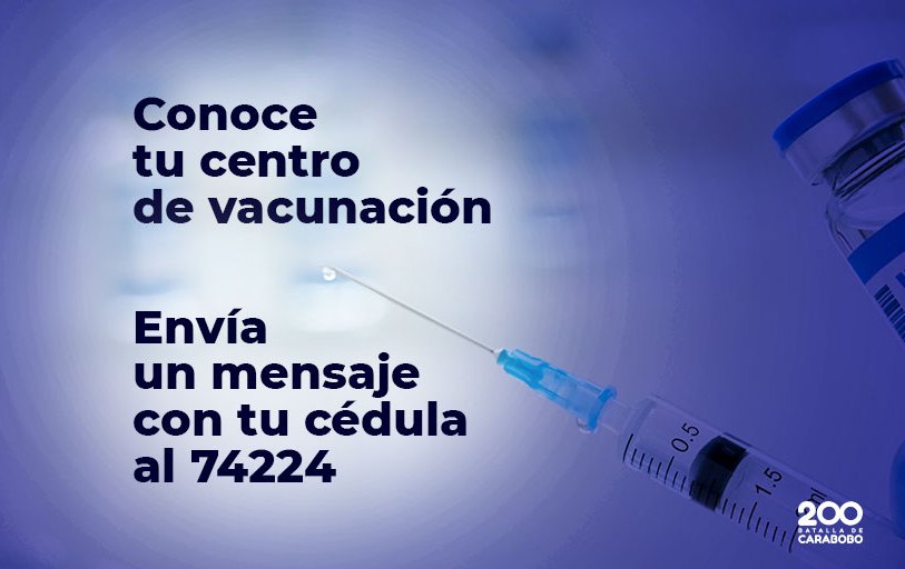 #GuarenasCeroCovid19 Si usted tiene más de 40 años y aun no ha sido inmunizado contra el #Covid19 envíe un SMS al 74224 con su número de cédula para ser inmunizado en el centro más adyacente a su residencia. #LaClaveEsVacunarse @NicolasMaduro @HectoRodriguez @luiscarPSUV