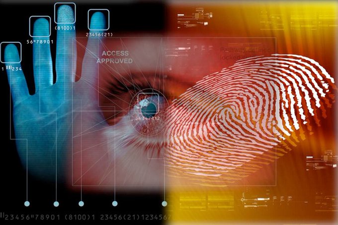 Blue hand with finger print zones in squares, Eye with retinal scan and a yellow/red background with a white fingerprint.