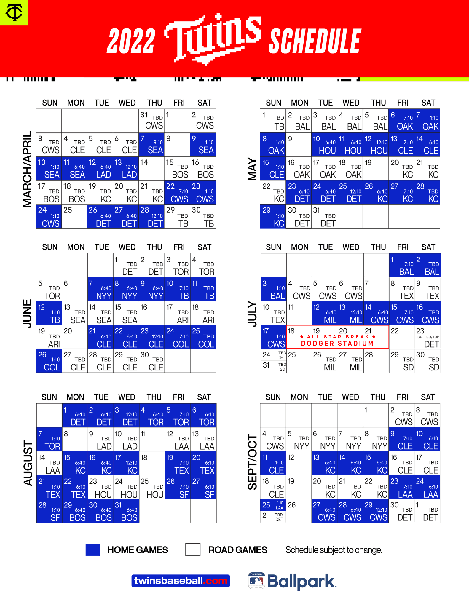 Twins Schedule 2022 Spring Schedule 2022