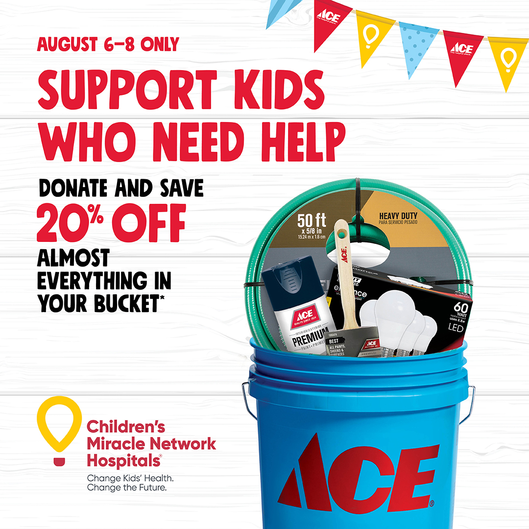 KapAceHardware's tweet photo. Help Ace Hardware and Children’s Miracle Network change kids’ health and change the future!
Visit your local Ace to make a $5 donation to CMN and get a bucket you can fill with savings #MyLocalAce. Visit https://t.co/HDc5OdO9iy https://t.co/Rs0UkSuEdm