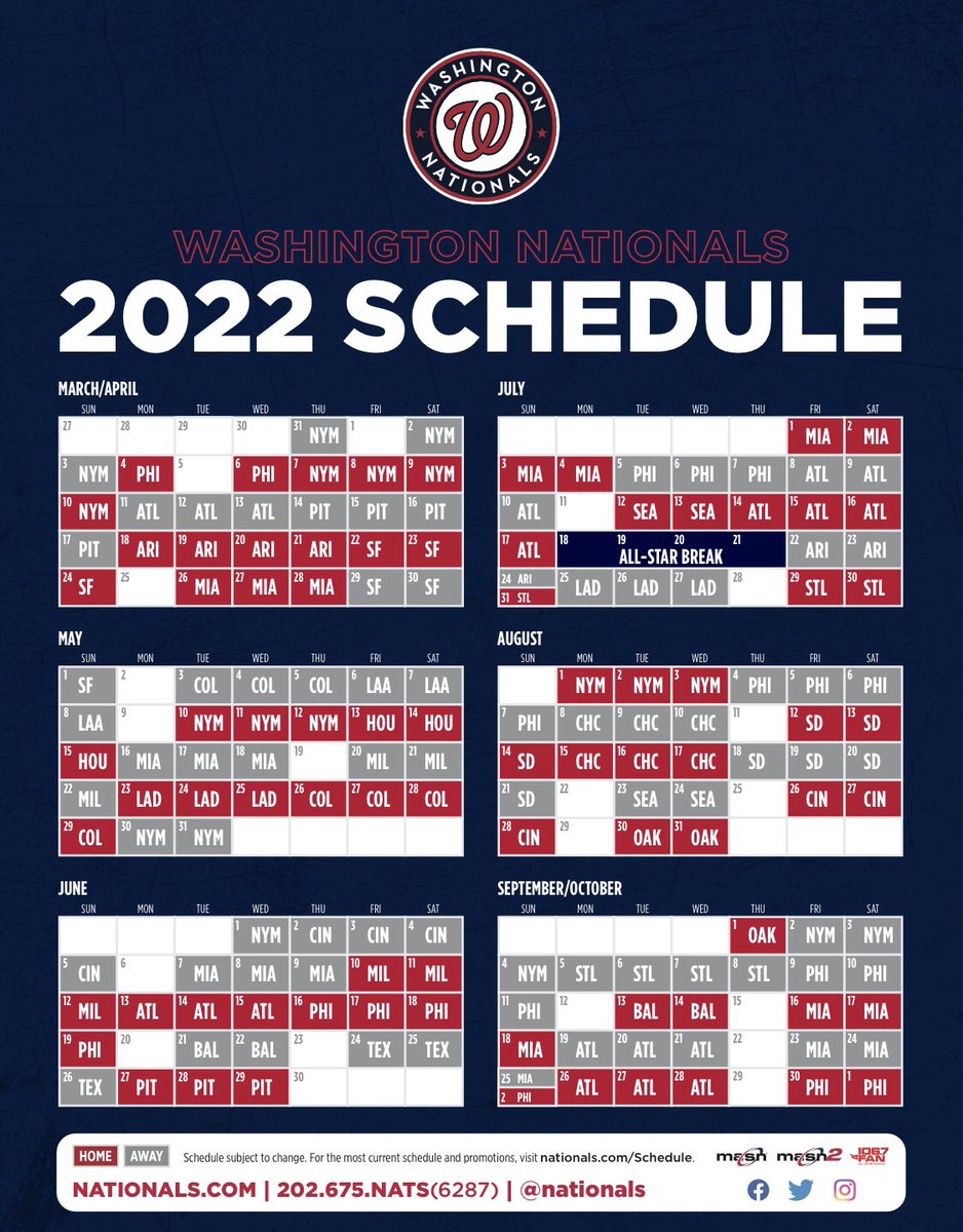 Nats 2022 Schedule Dan Kolko On Twitter: "Mlb Releases All 2022 Schedules. Nats' Schedule Is  Below. Open At The Mets; Home Opener Is Vs. Phillies. Play The Al West In  Interleague, But Here's What Stinks -