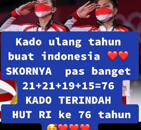 Aku kok baru ngeeh ya.kemenangan pebulu tangkis andalan INDONESIAN adalah KADO TERBAIK UNTUK HUT RI.
<a href="/Ar1Pangeran/">MataRakyatJakarta|AYO VAKSIN..!🇮🇩</a> 
<a href="/ChusnulCh__/">IG chchotimah</a> <a href="/Gi_Grey/">Mr`Mrs Grey </a> @Leonita_lestari <a href="/wiwikherma/">Wiwik Hermawati</a> <a href="/SonyaAmriani/">Sonya.Amriani</a> @joentakriver <a href="/SantorinisSun/">Santorini♌</a> <a href="/PretiWn/">Preti Wardaningsih</a> <a href="/HmfaqihA/">IrHMFaqihAbdurahman</a> <a href="/BPrima777/">🪐𝕭𝖆𝖈𝖐𝖀𝖕_𝕻𝖗𝖎𝖒𝖆77⃣7 🇮🇩</a> @GarengHallu <a href="/kurawa/">RUDI VALINKA</a>