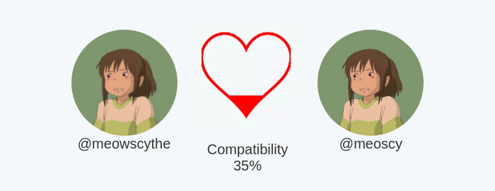 meowscythe's tweet photo. My love compatibility with @meoscy is 35%

Calculated with https://t.co/aTbXAXyU7N

⠀ https://t.co/kXUpoRMtFj
