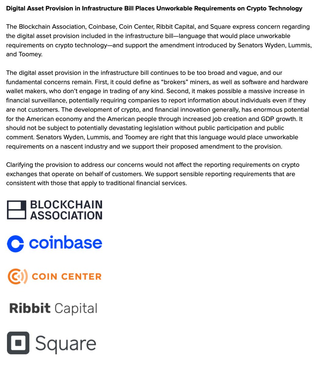 Ridenis1's tweet photo. @coincenter @RonWyden @CynthiaMLummis @SenToomey Joint statement in support of the @RonWyden @CynthiaMLummis @SenToomey amendment that  explicitly excludes validators, hardware and software wallet makers, and protocol devs from the expanded definition of a broker. https://t.co/jjiE3zZBA5