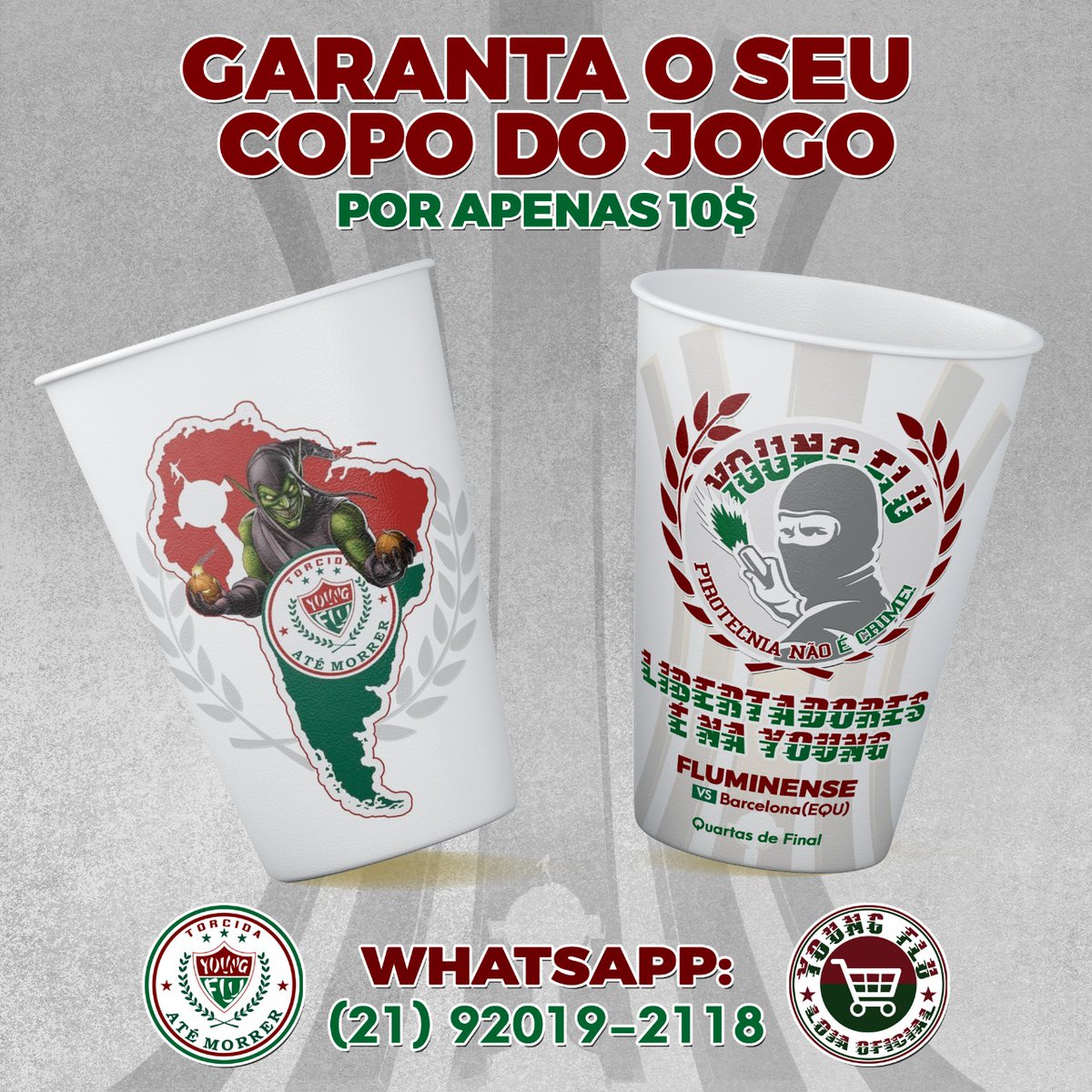 youngfluoficial's tweet photo. Agora é Quartas de Final da Libertadores!
Venha assistir à partida Fluminense x Barcelona(EQU) e garanta já o seu copo do jogo "Libertadores é na Young" por apenas 10$.
Entre em contato conosco pelo Whatsapp da Loja Oficial 21 92019-2118
#TorcidaResponsa #DiaDeFlu #GloriaEterna https://t.co/9cf1e8i2zf