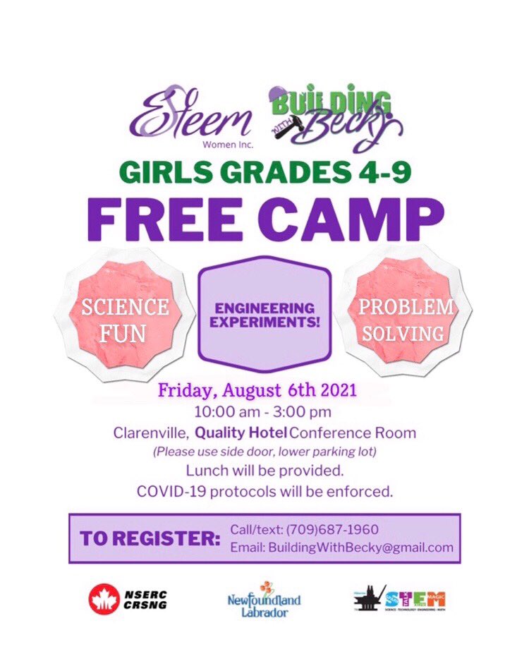 EsteemWomen's tweet photo. Hey @ClarenvilleTown #BuildingWithBecky next day camp is Friday! Register now Girls Grade 4-9! 709 687 1960 https://t.co/bZ3JUw3ctw