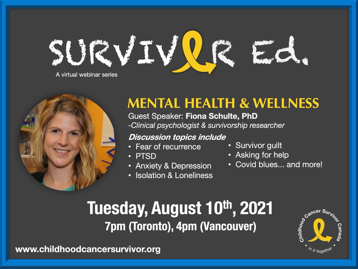 Join us Tues August 10 at 7pm EST for our Survivor Ed Webinar discussing Mental Health with registered psychologist and Assistant Professor in Psychosocial Oncology at the University of Calgary, Dr. Fiona Schulte! Register here. 
eventbrite.ca/e/survivor-ed-…
