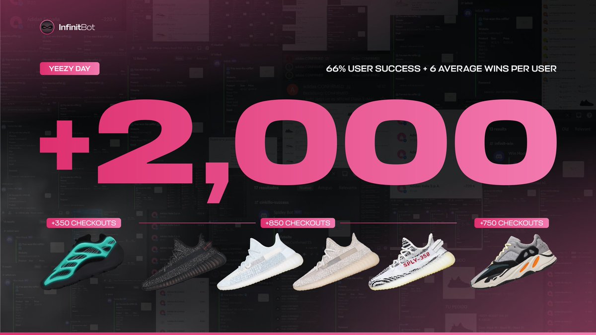 InfinitBot's tweet image. 🤭 It’s confirmed, Yeezy Day was owned by Infinit. 

🎯 More than 2,000 Yeezys were secured!

🤯 2 out of every 3 users had success copping, averaging more than 6 pairs per user!

🥳 To celebrate, we’ll select 5 lucky retweeters to join the team! ♻️