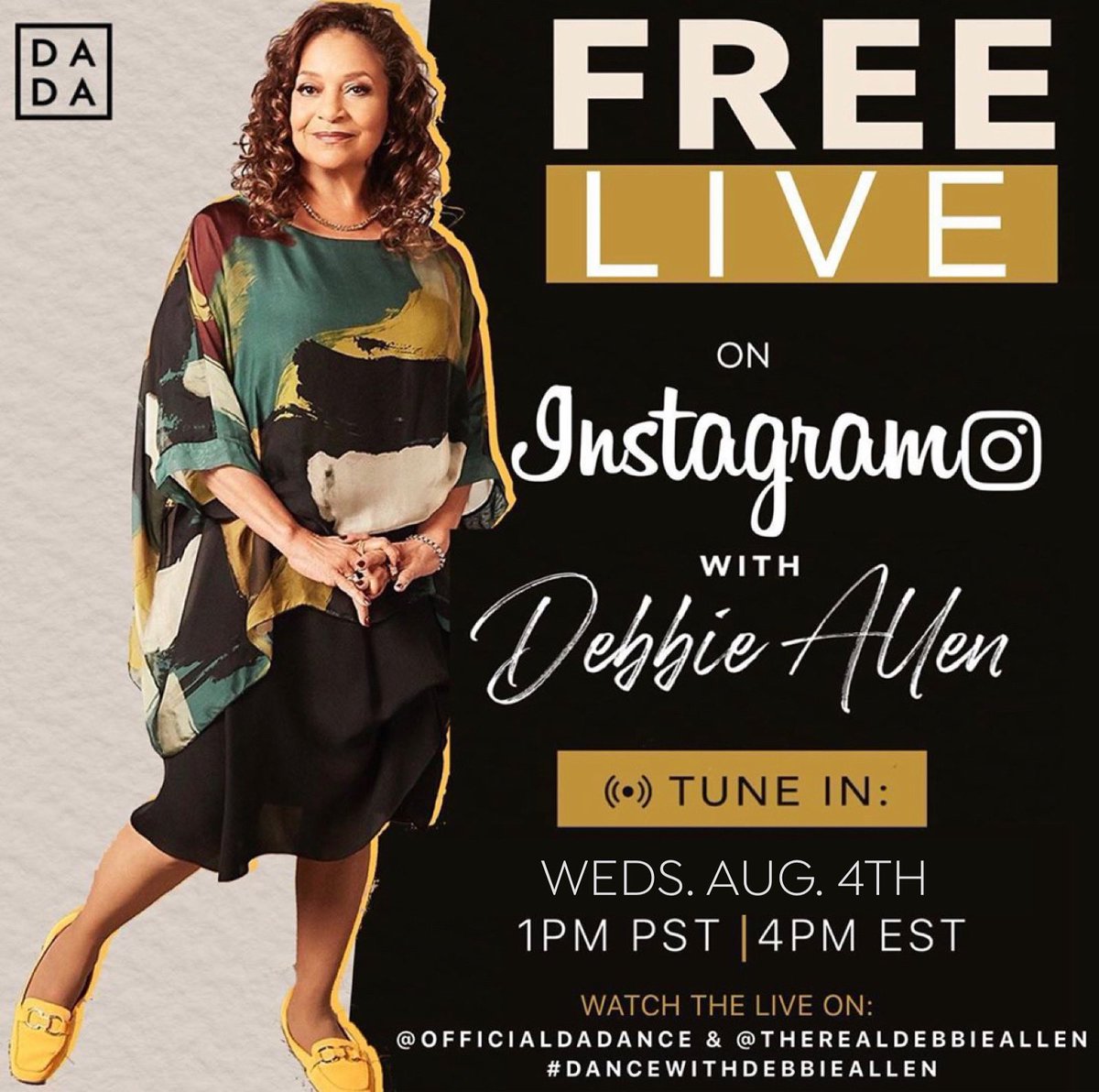 OfficialDADance's tweet photo. Global Family, join us today at 1pm PST / 4pm EST as we have #DanceWithDebbieAllen on @MsDebbieAllen and @OfficialDADance’s IG pages. Let us know if you’re coming!✨ https://t.co/Pi9GlcpKE7