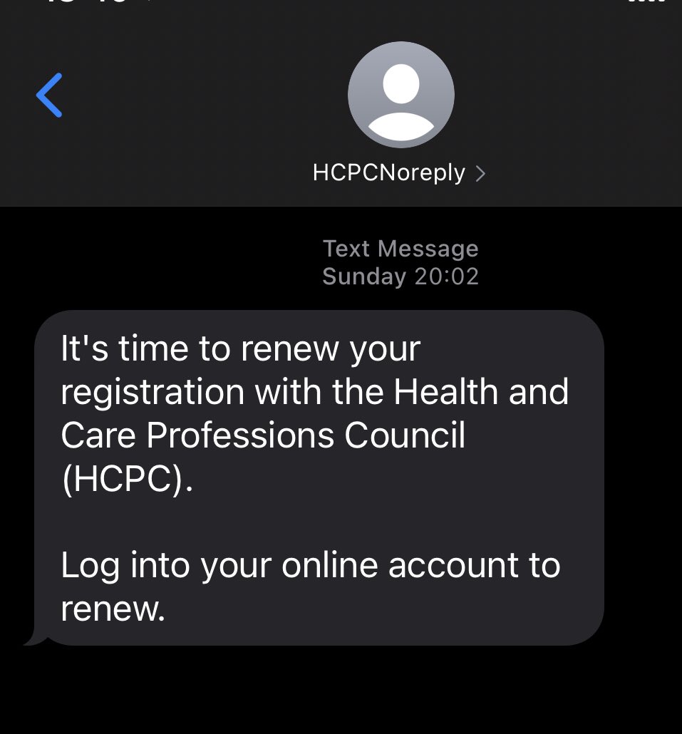 LenaCanavan's tweet photo. @AlisonWilcox20 @The_HCPC Thank you Alison for posting! Can I check @The_HCPC  are sending text messages as a reminder?  I received a text message from HCPC to renew.  Is this a valid reminder, again concerned about scams. https://t.co/5Ft2UCvfLC