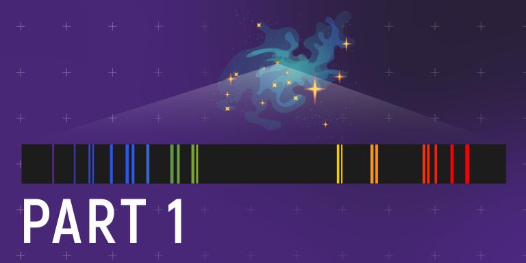 Spectroscopy 101, part 1. Image shows black bar with colored lines, the spectrum of the galaxy. This is an illustration. 