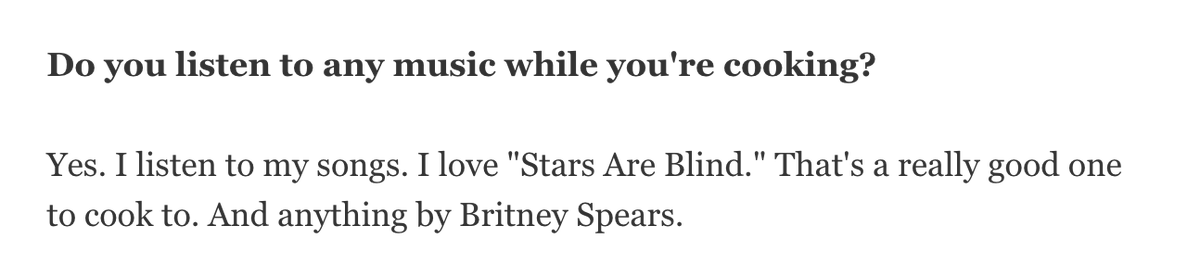 Extremely delighted by <a href="/ParisHilton/">Paris Hilton</a>'s answer to the question: "Do you listen to music while you're cooking?" (cc: <a href="/JRadloff/">Jessica Radloff</a>  <a href="/glamourmag/">Glamour</a>)