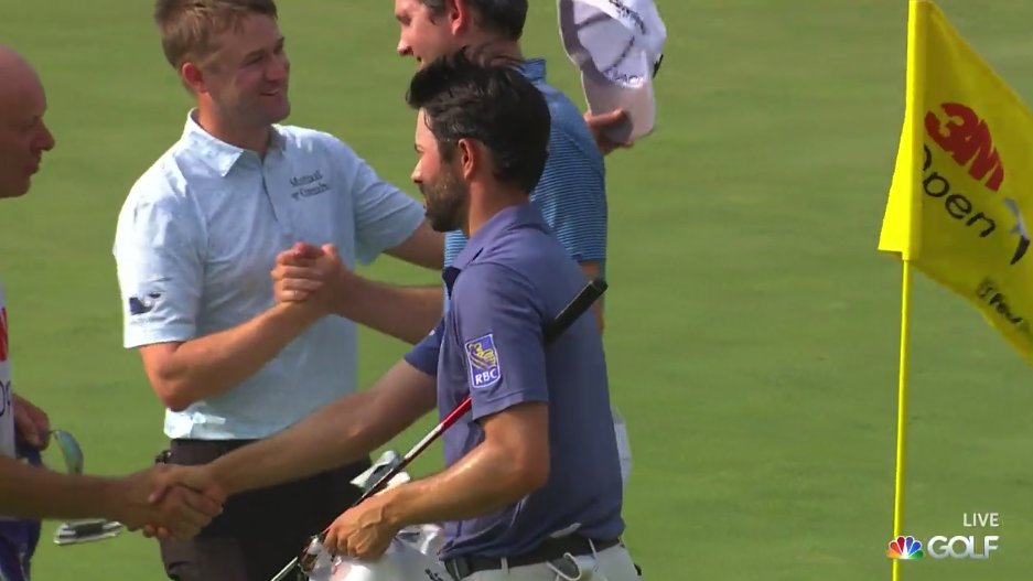I love the little subplots of Fridays on Tour. Here's Adam Hadwin, solo leader. But in the background is Russell Knox, who's grinning despite shooting 75 to MC. Why? He's ecstatic for Martin Trainer, who has missed 30 of his last 33 cuts but just shot 66 to make the cut by 1.