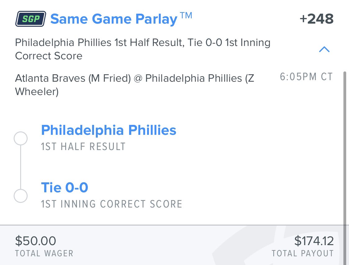 Tim73255684's tweet image. 1-1 on the Cubs game but plus money makes money. 2 more SGP’s for the braves/phillies.
