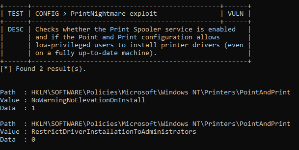 itm4n's tweet photo. Another update for #PrivescCheck. It now checks for system configurations that are vulnerable to the #printnightmare LPE (on fully up-to-date machines)
It's based on MS recos and doesn't take into account the latest technique demonstrated by @gentilkiwi
https://t.co/GS4Clqyomf https://t.co/4tT1y7rAOd